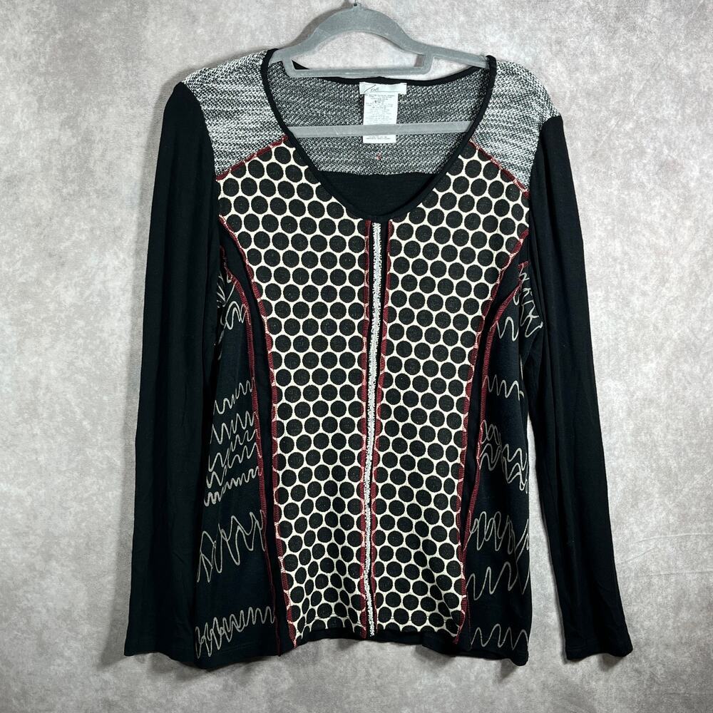 Zoe Sweater Womens Large Black Polka Dots Knit Scoop Neck Casual Art Old Money